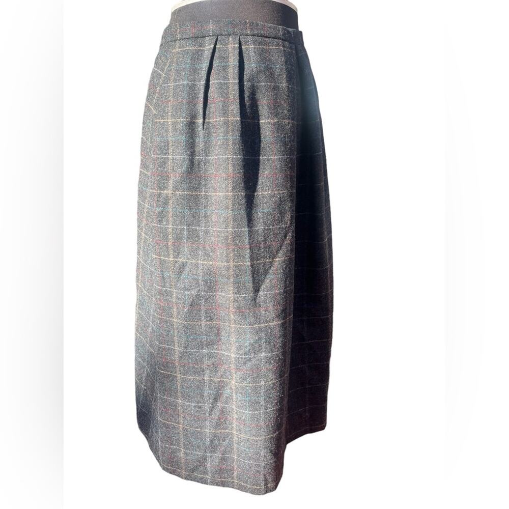 Vtg Gray Wool Academia Multicolored Plaid Secretary Twee Preppy Midi Skirt M